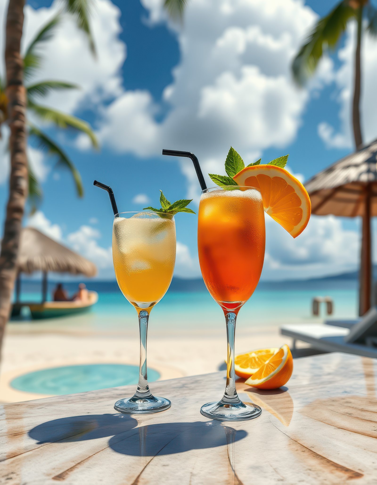 Refreshing tropical cocktails on a beachside table under a sunny sky with palm trees and a tranquil ocean